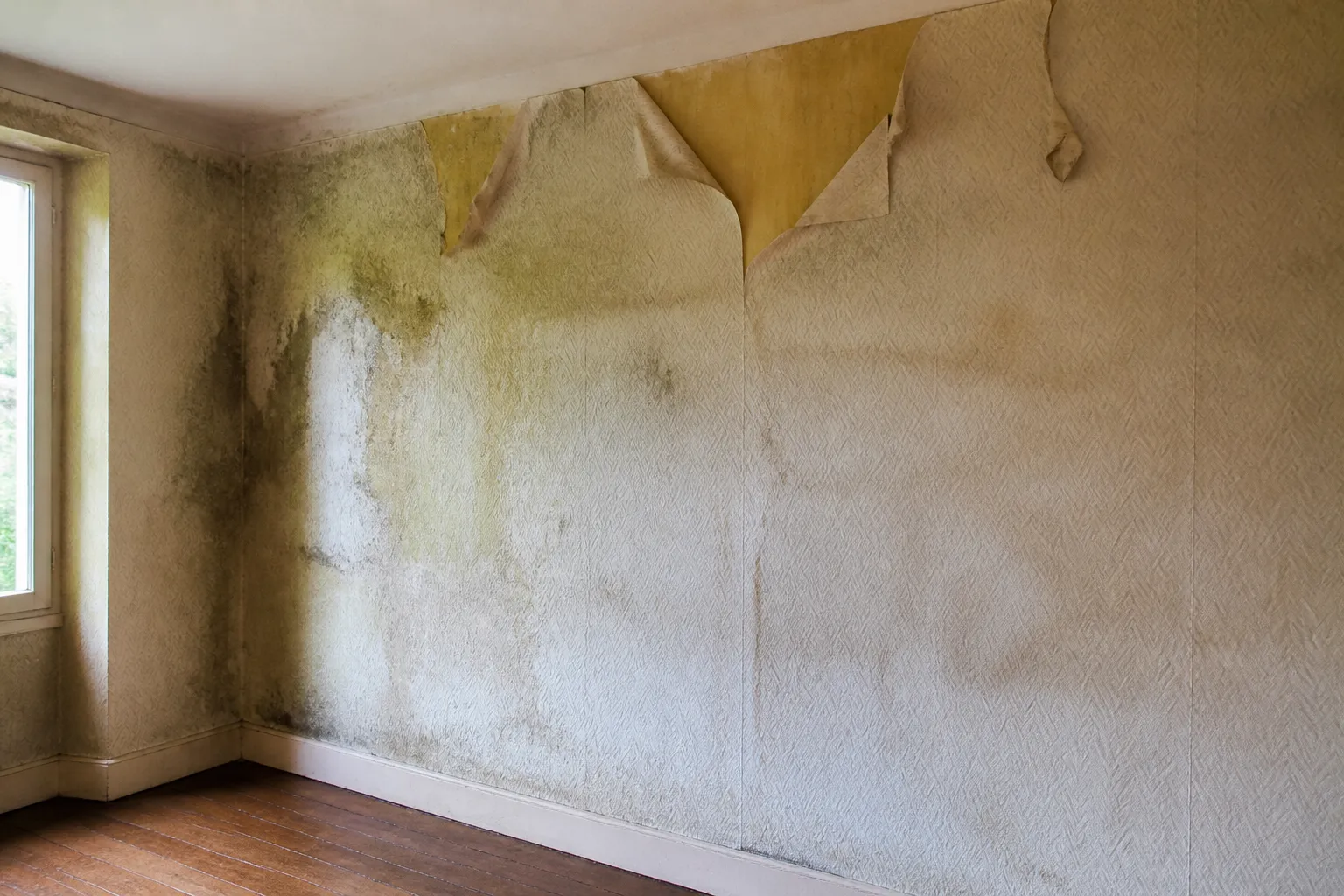 Mur intérieur mitoyen avec traces d’humidité et papier peint décollé