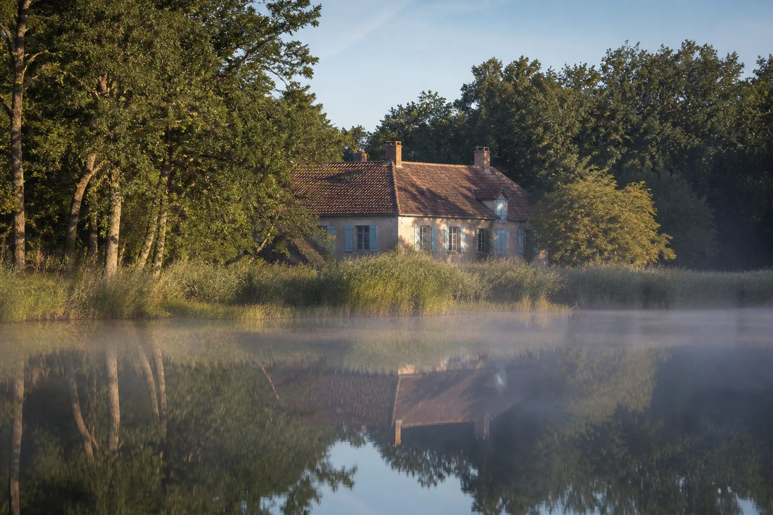 Maison de campagne au bord d’un étang en Brenne entouré de roseaux
