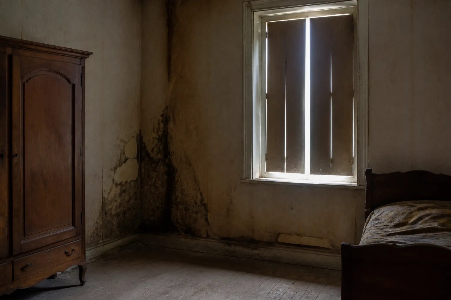 Pièce de maison fermée avec traces de moisissure sur un mur