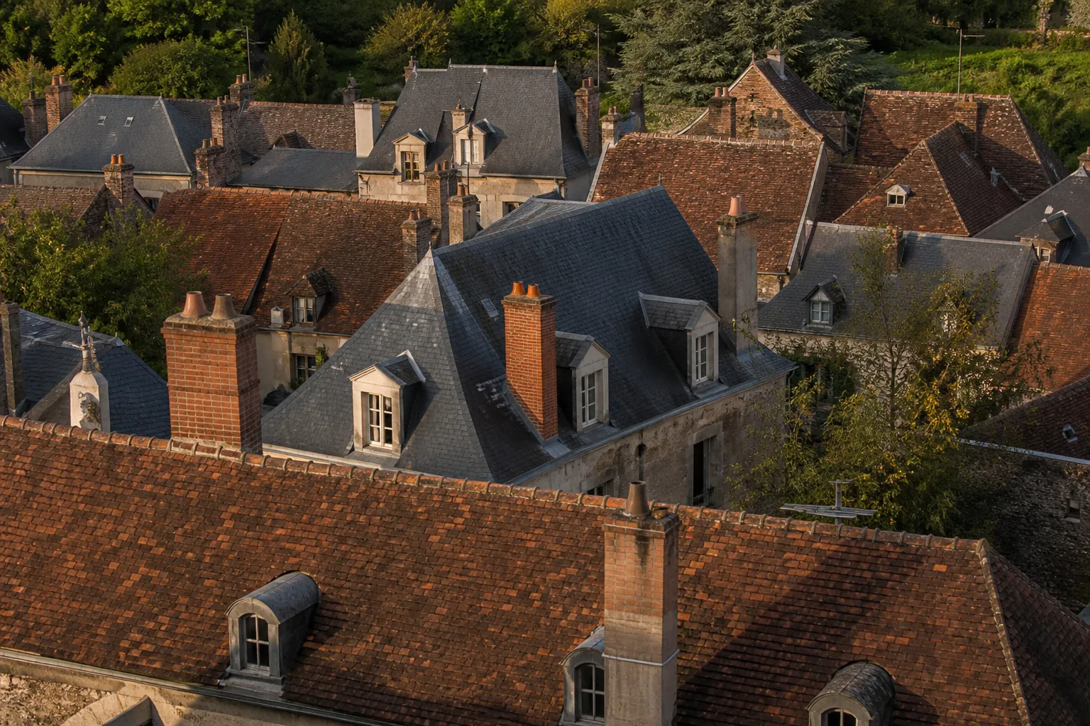Toits de petites tuiles plates et d’ardoise dans un village du Centre-Val de Loire