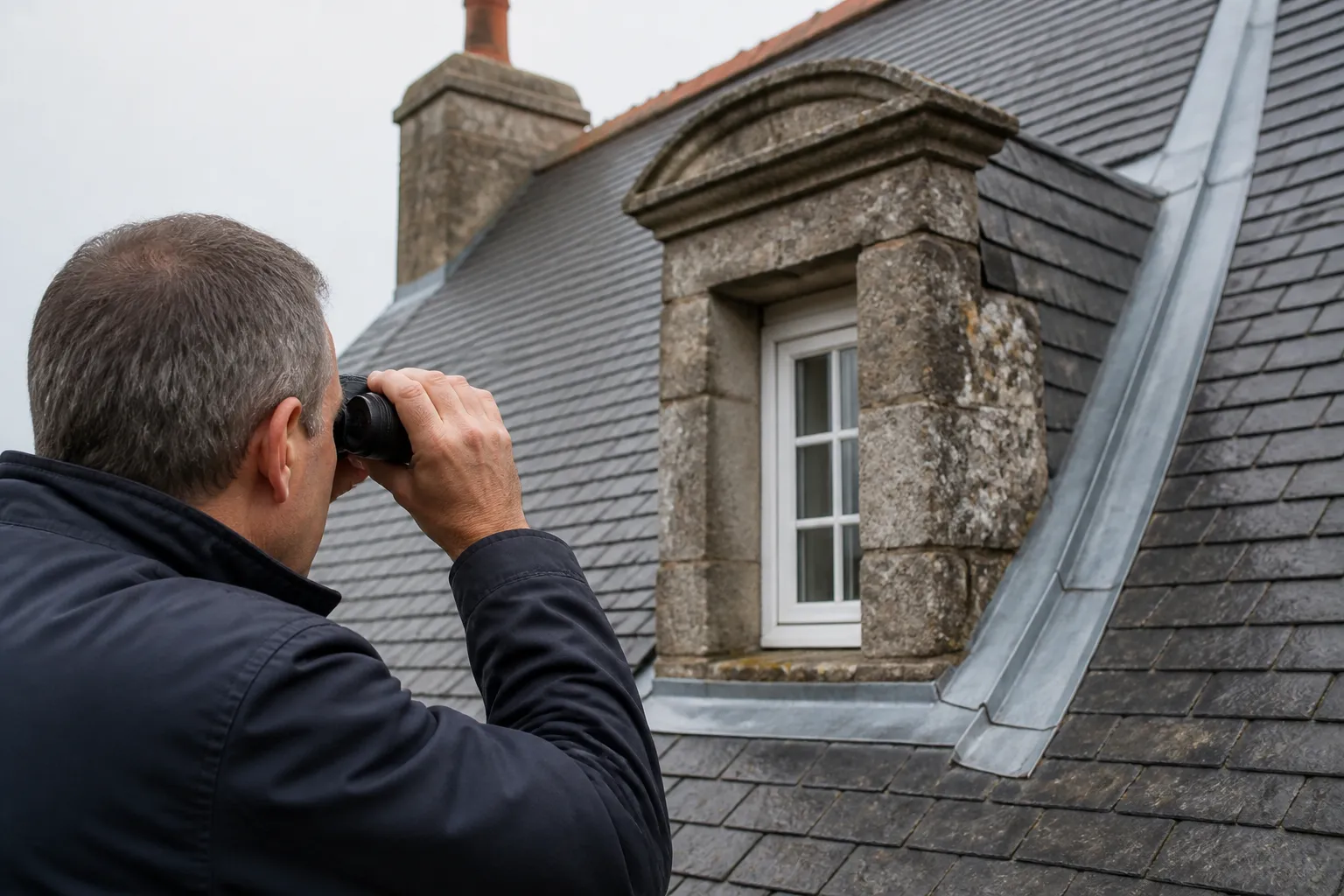 Expert en bâtiment observant une lucarne et une noue sur un toit en ardoise
