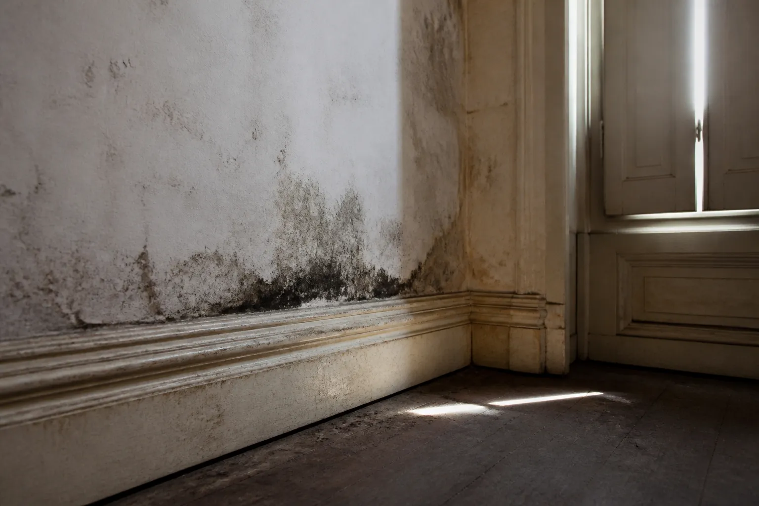 Traces d’humidité et de moisissure en pied de mur dans une maison restée inoccupée