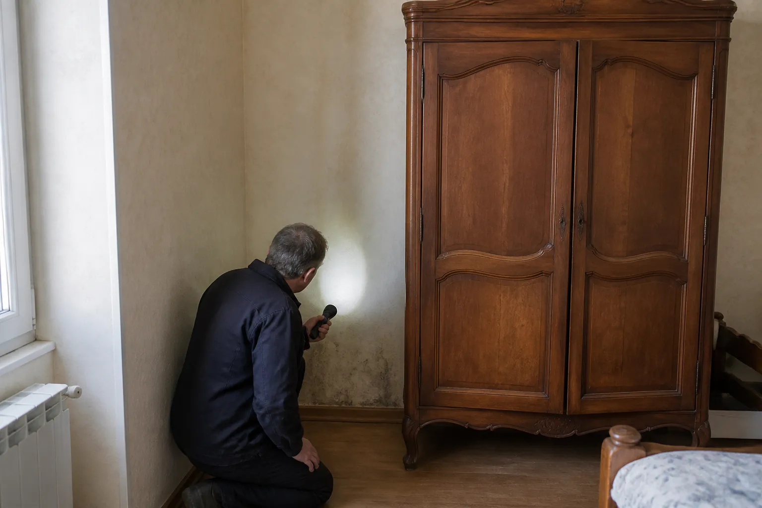 Expert déplaçant une armoire ancienne pour contrôler le mur situé derrière