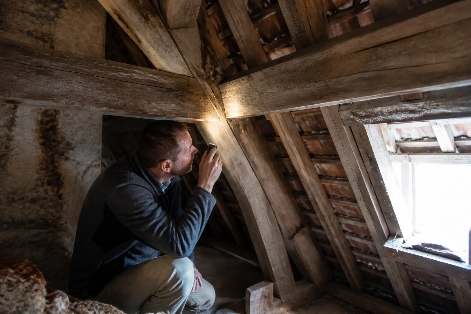 Charpente traditionnelle et couverture en tuiles observées depuis les combles