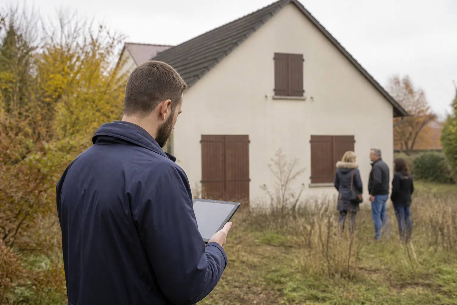 Expert en bâtiment examinant la façade d’une maison mise en vente aux enchères