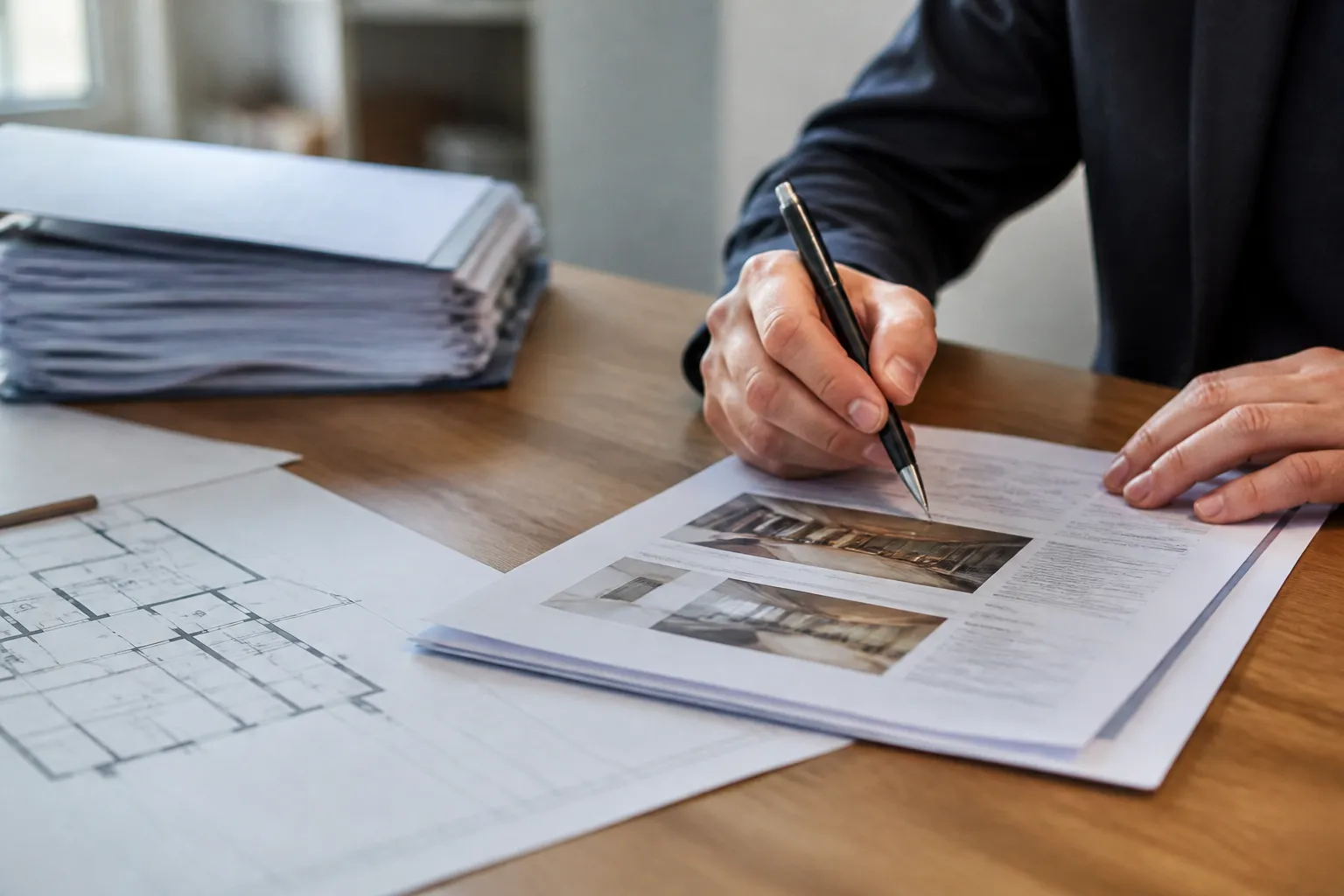 Documents de vente et rapport technique posés sur une table avec un plan de maison