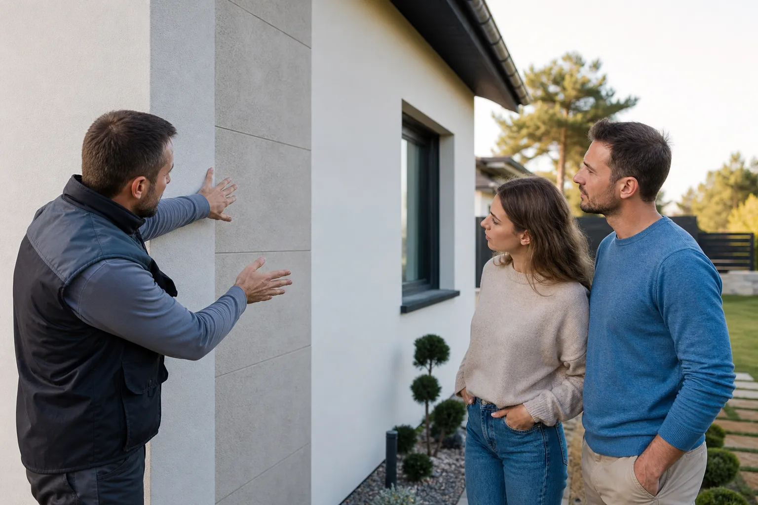 Jeune couple visitant une maison avec un expert en bâtiment qui leur montre un point de la façade