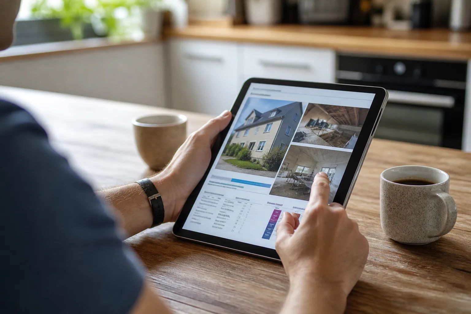 Rapport d’expertise ouvert sur une tablette avec photos de constats, posé sur une table de cuisine