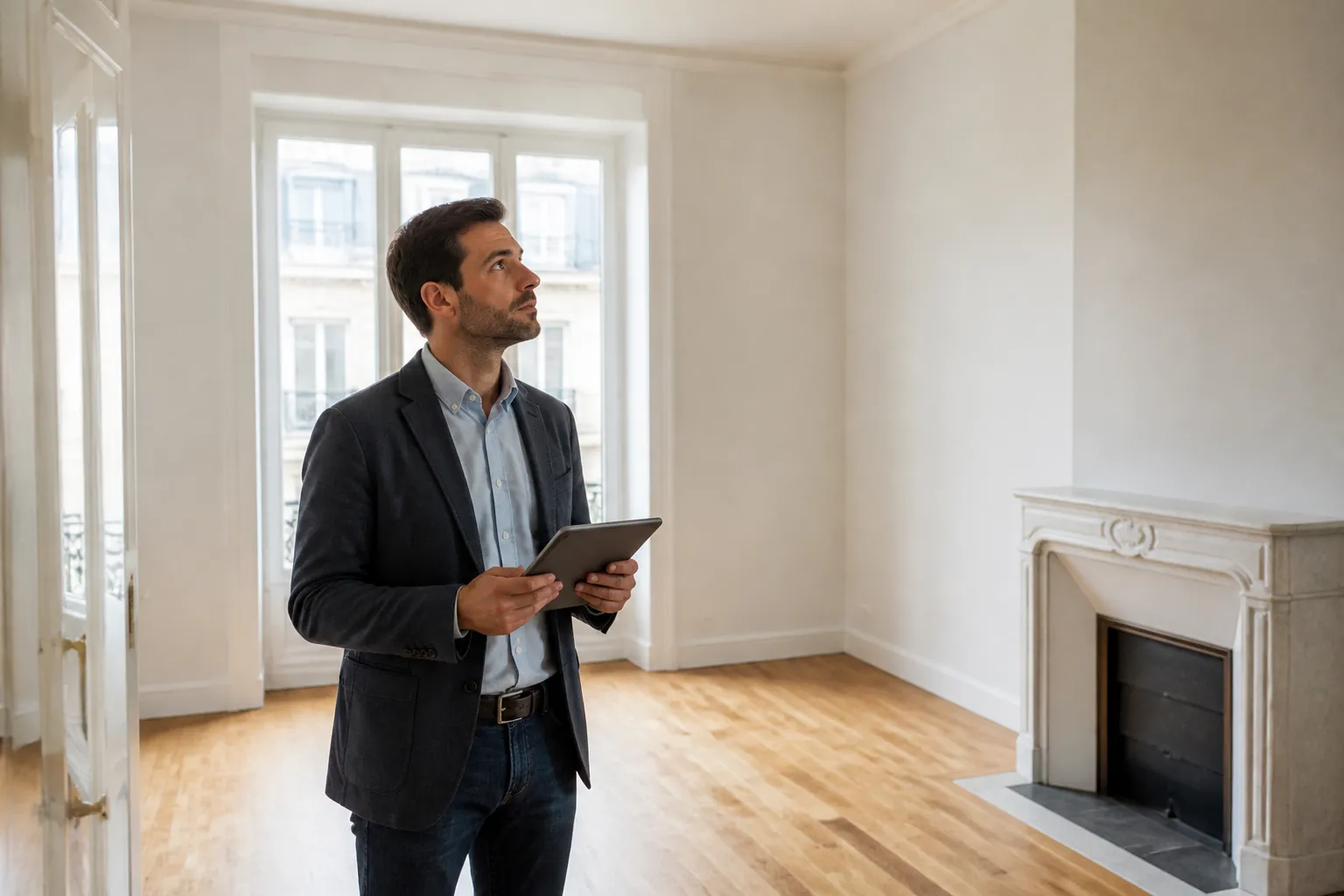 Expert en bâtiment contrôlant un appartement vide destiné à la location