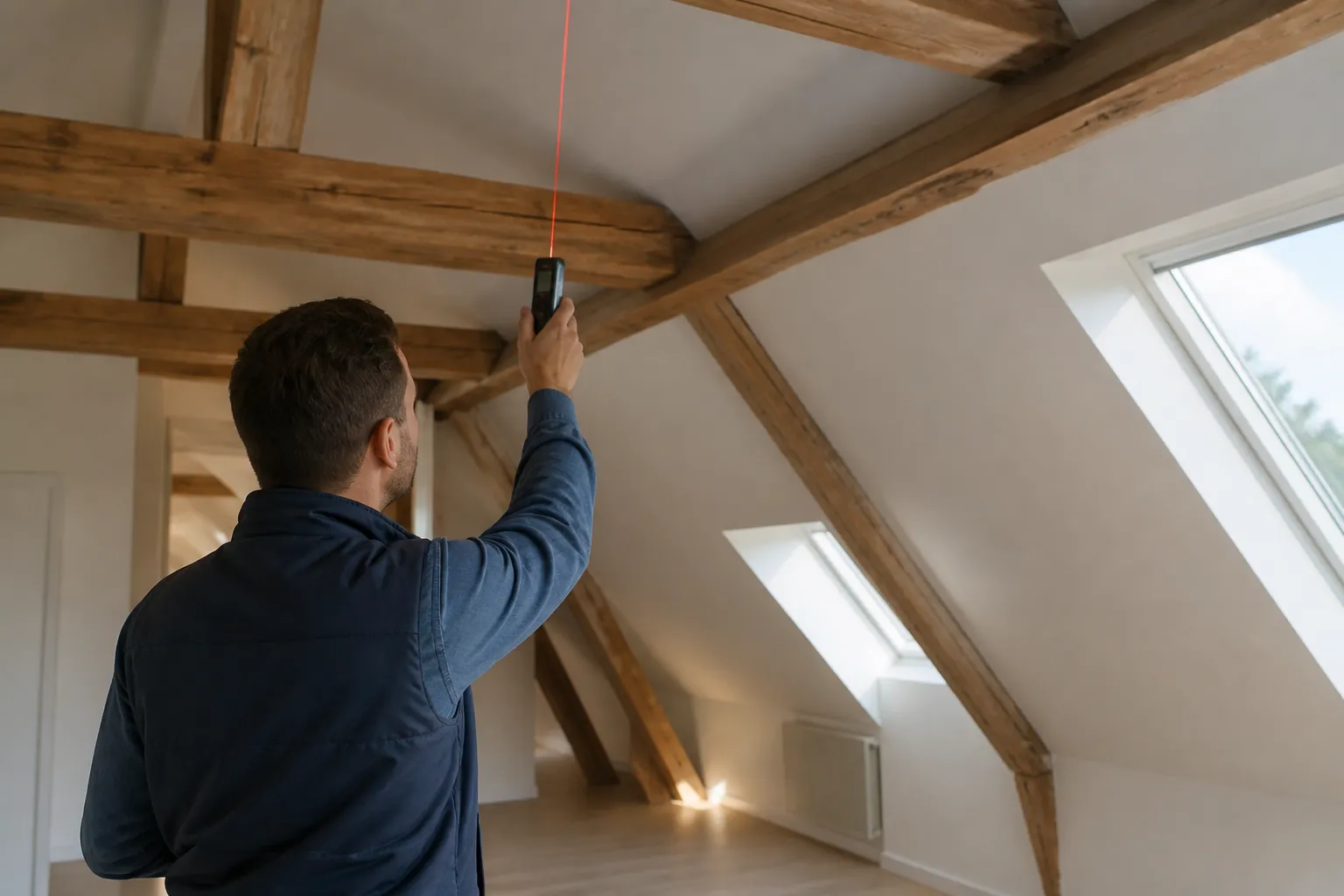 Mesure de la hauteur sous plafond d’une pièce mansardée avec un télémètre laser