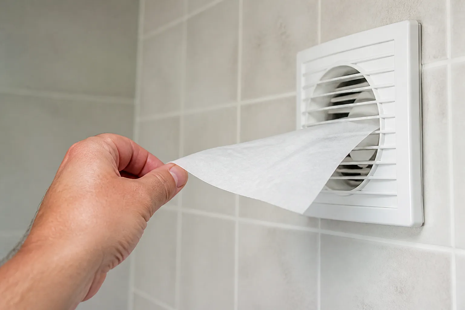 Bouche de ventilation et fenêtre d’une salle d’eau examinées par un expert