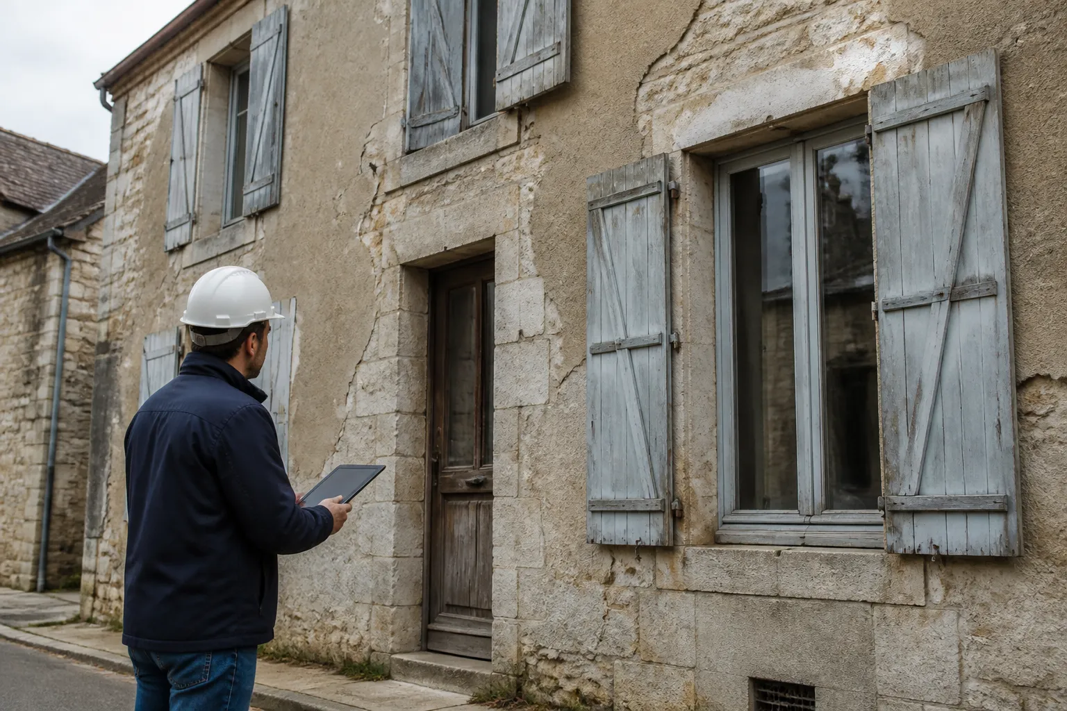 Maison ancienne à rénover en Centre-Val de Loire avec un expert en bâtiment devant la façade