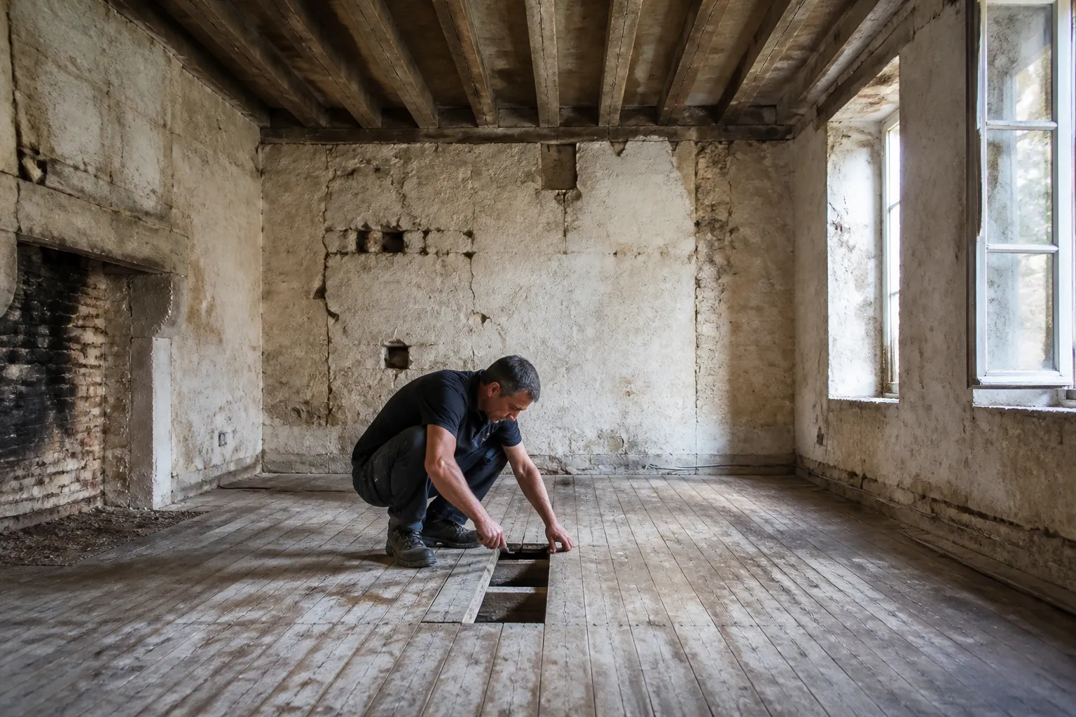 Intérieur de maison à rénover avec plancher bois ancien et murs mis à nu