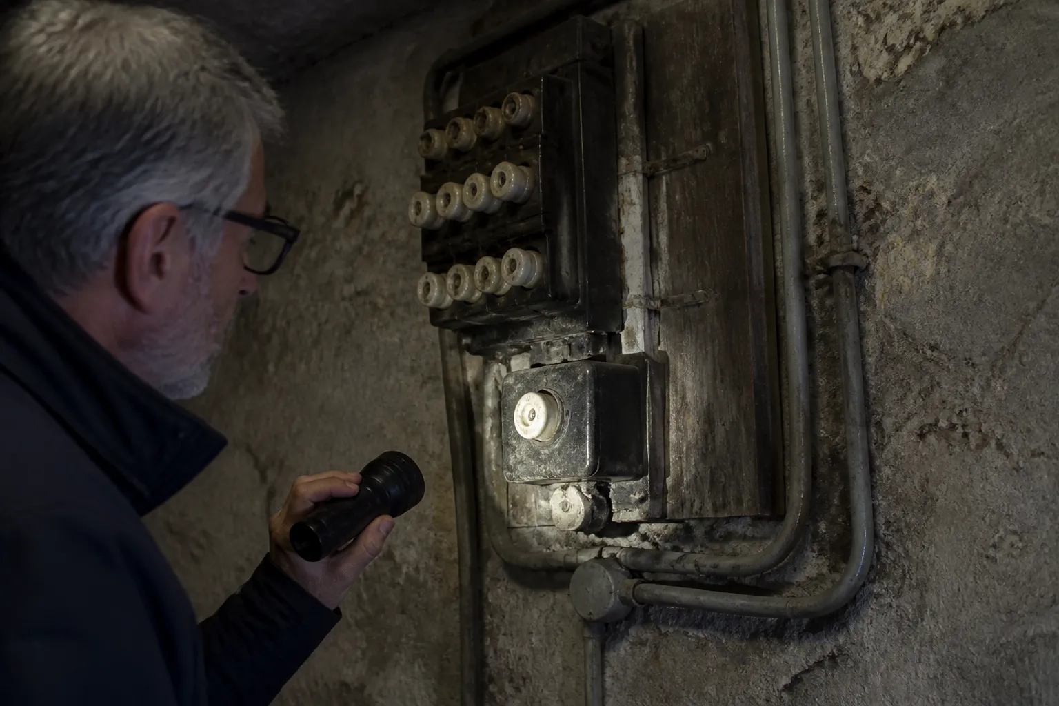 Tableau électrique ancien et canalisations vétustes dans une maison à rénover