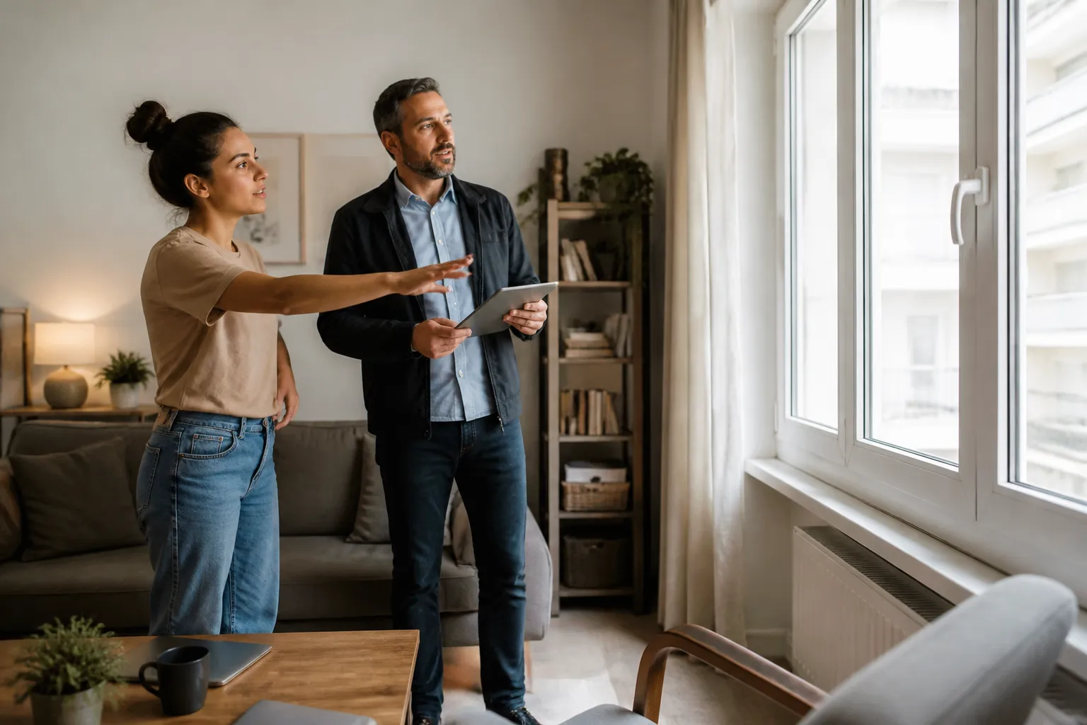 Expert en bâtiment visitant un appartement habité en présence de la locataire