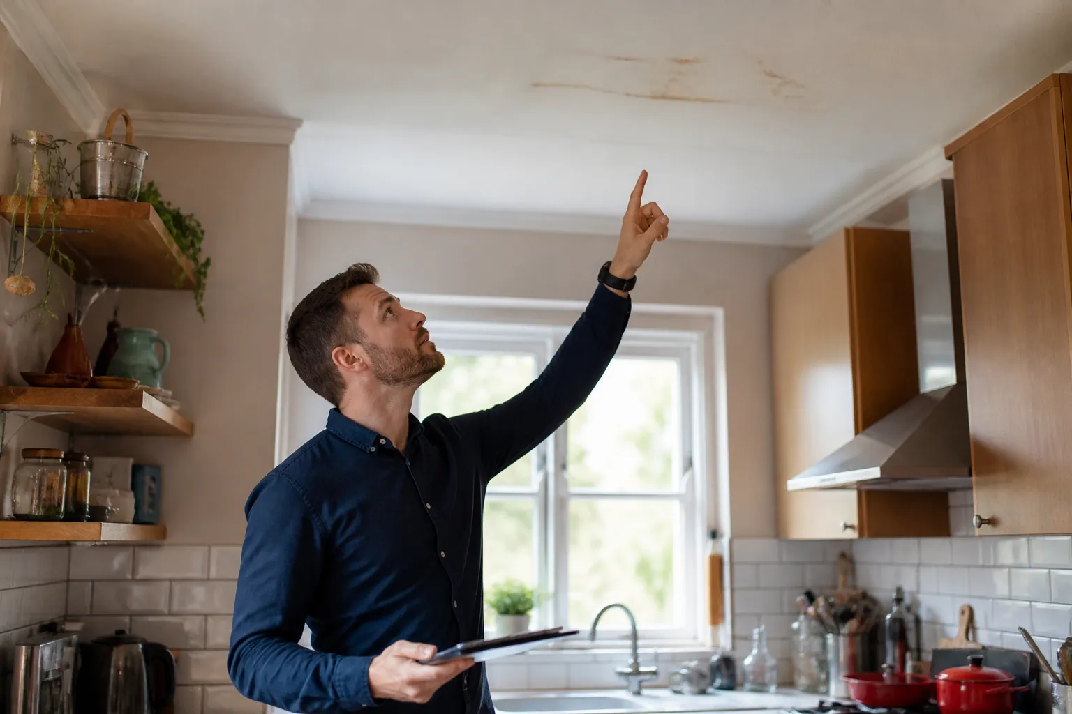 Cuisine d’un logement occupé avec meubles et objets du quotidien, expert observant le plafond