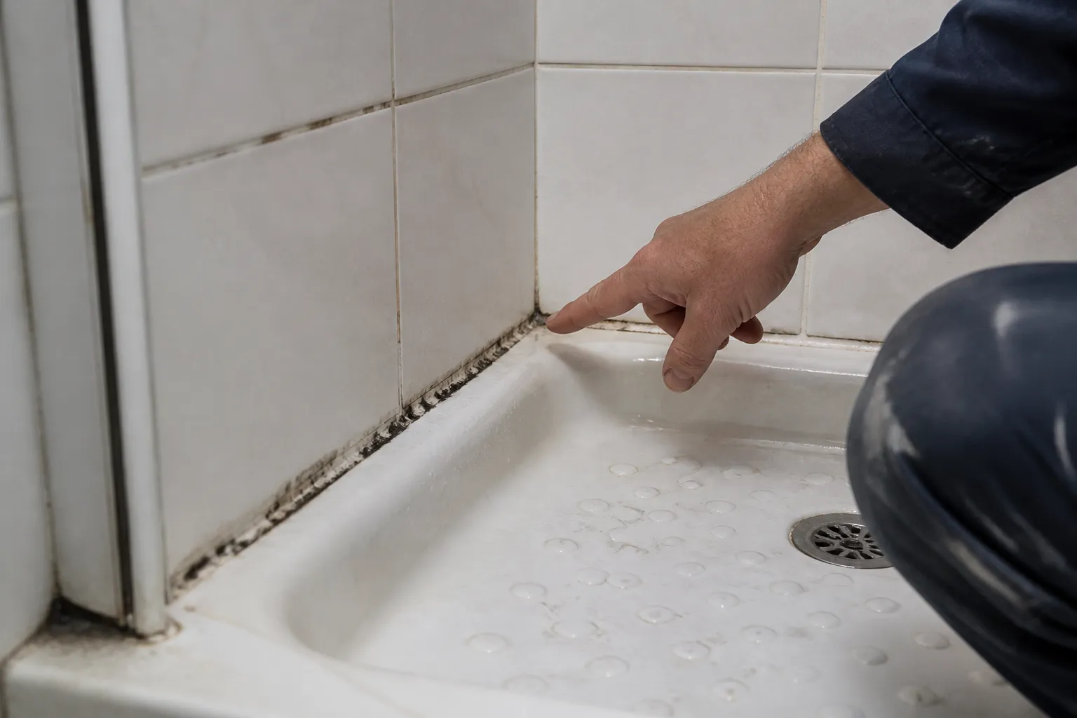 Gros plan d’un joint de douche noirci et d’un carrelage usé dans une salle de bain louée