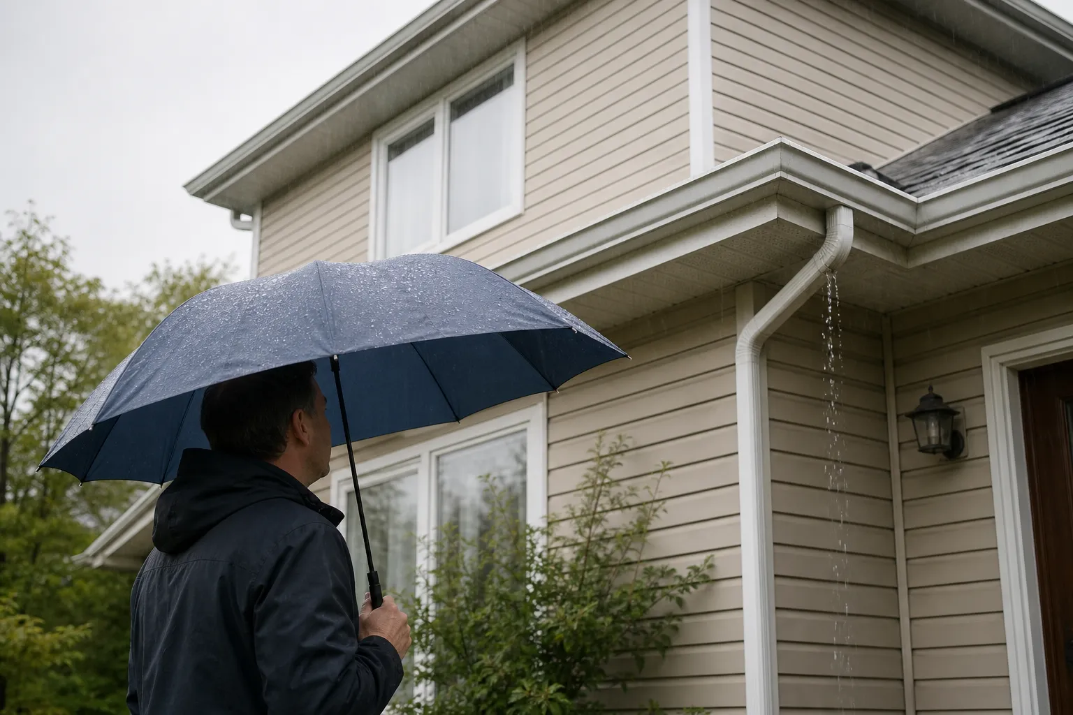 Acheteur observant une façade et une toiture lors d’une seconde visite par temps de pluie