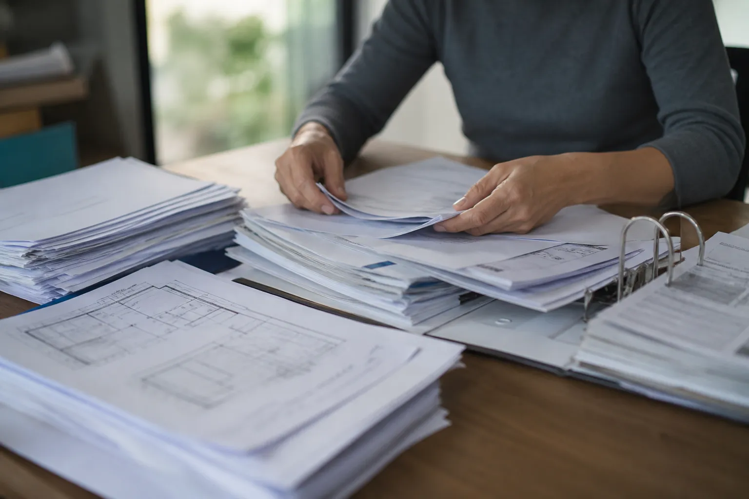 Dossier de documents de vente étalé sur une table : diagnostics, factures et plans