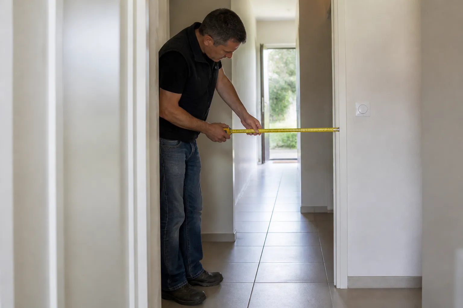 Seuil de porte-fenêtre et couloir intérieur d’une maison de plain-pied examinés par un expert