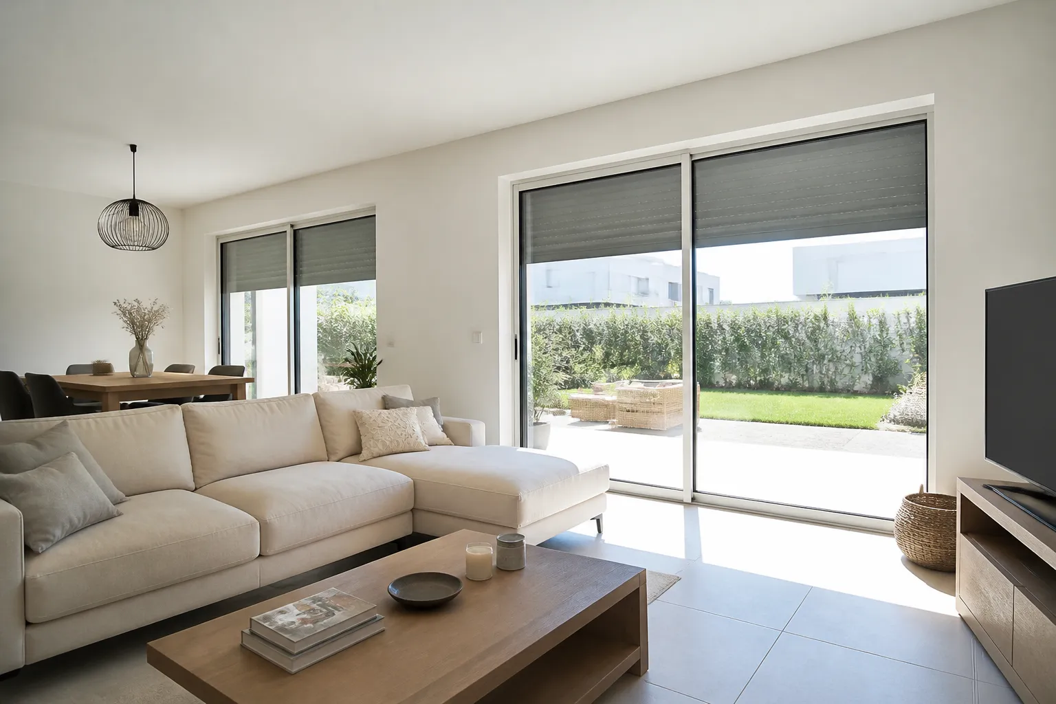 Séjour lumineux d’une maison de plain-pied avec grandes baies et volets extérieurs