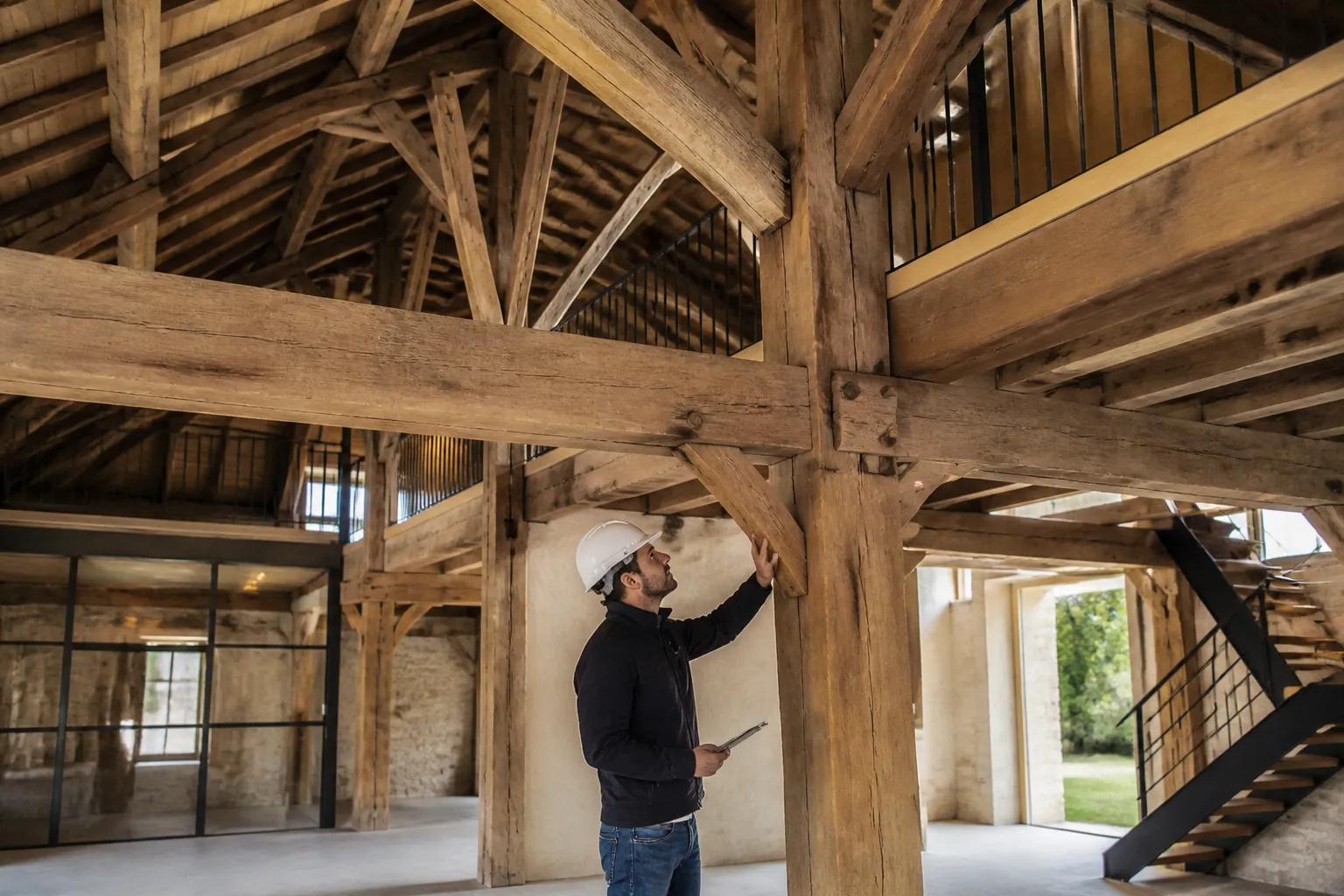 Charpente ancienne et mezzanine créée dans le volume d’une grange aménagée