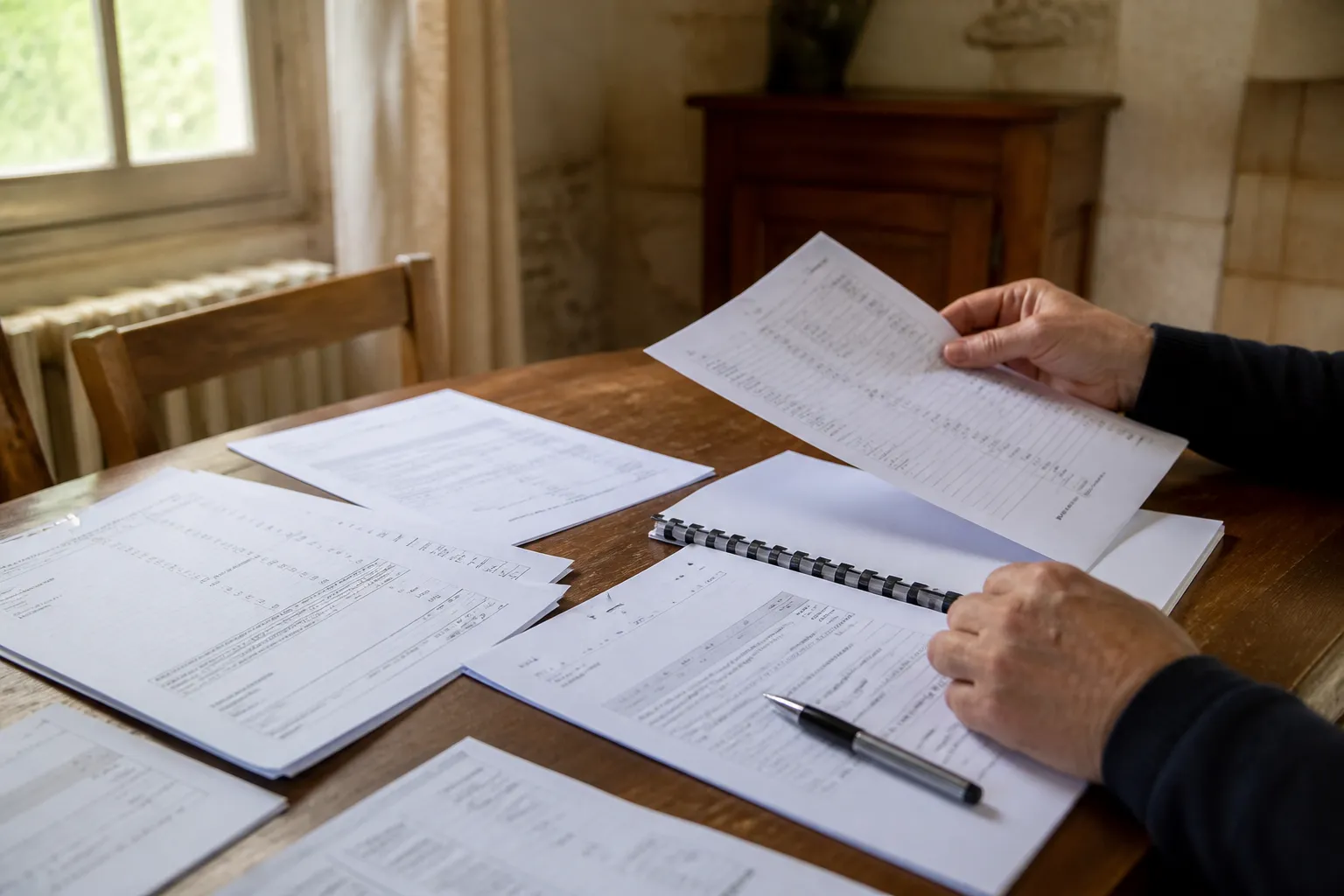 Acheteur comparant plusieurs devis d’artisans posés sur une table à côté d’un rapport d’expertise