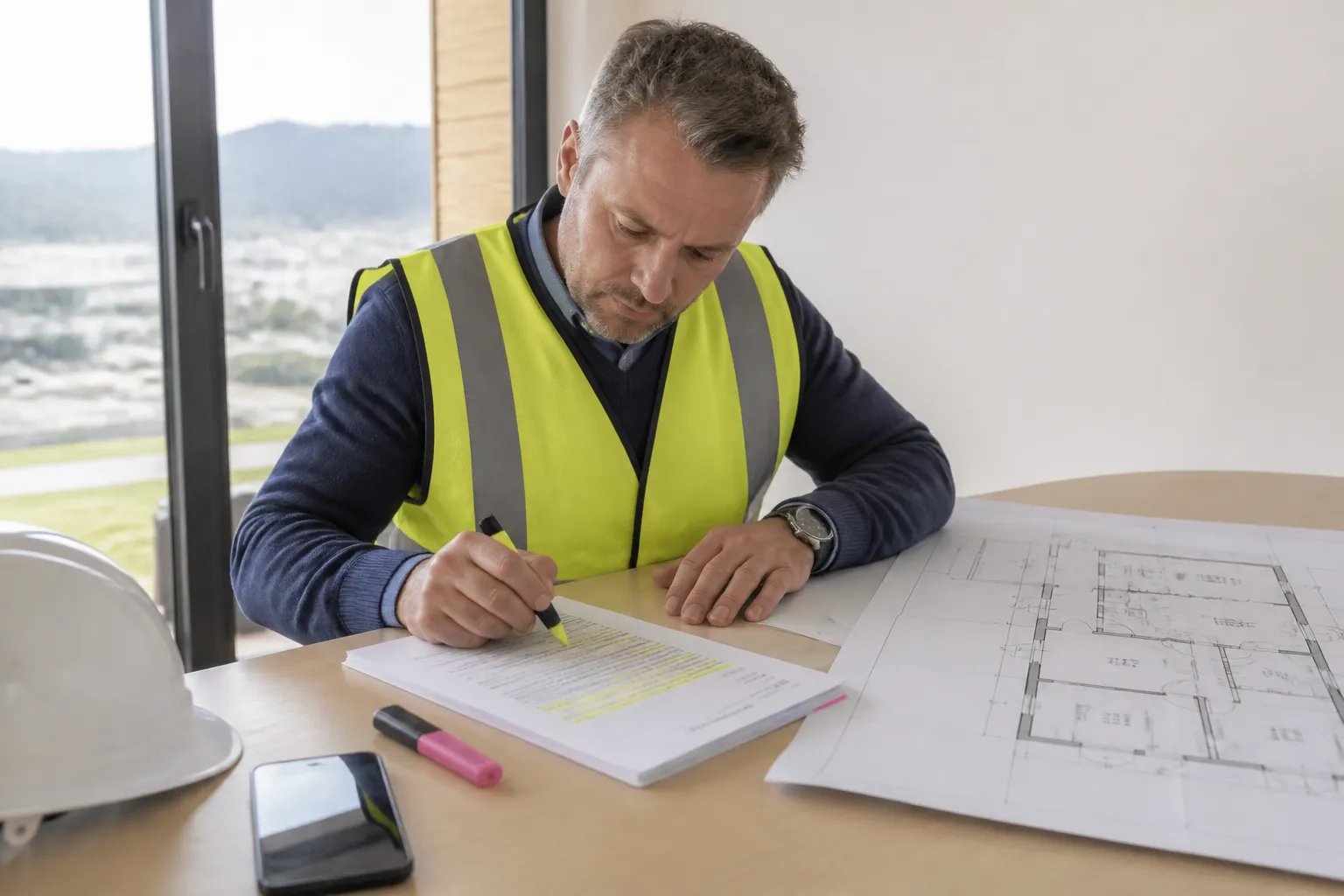 Expert en bâtiment annotant un rapport pour préparer un découpage des travaux par lots