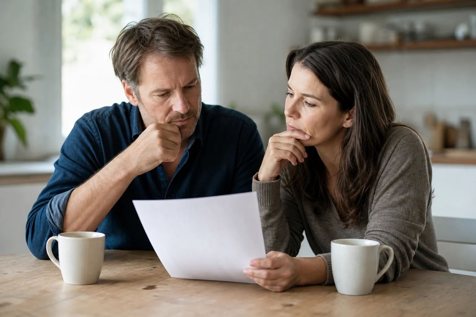 Couple relisant un rapport d’expertise à une table avant de prendre une décision d’achat