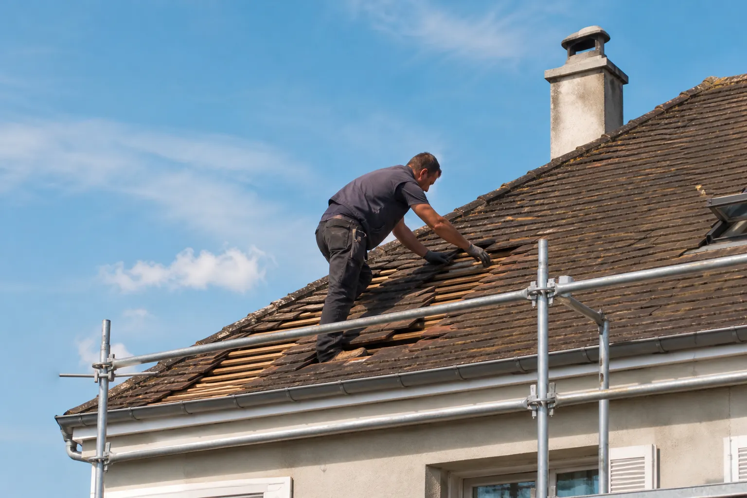 Couvreur remplaçant des tuiles sur le toit d’une maison avant sa vente