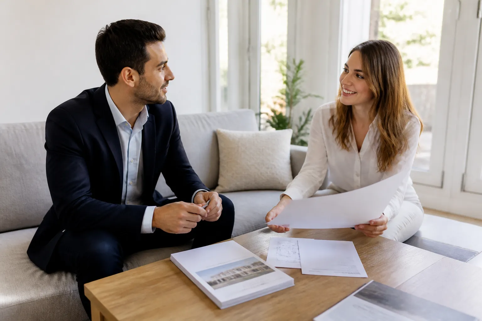 Acheteur et vendeur discutant autour d’un rapport d’expertise dans un salon