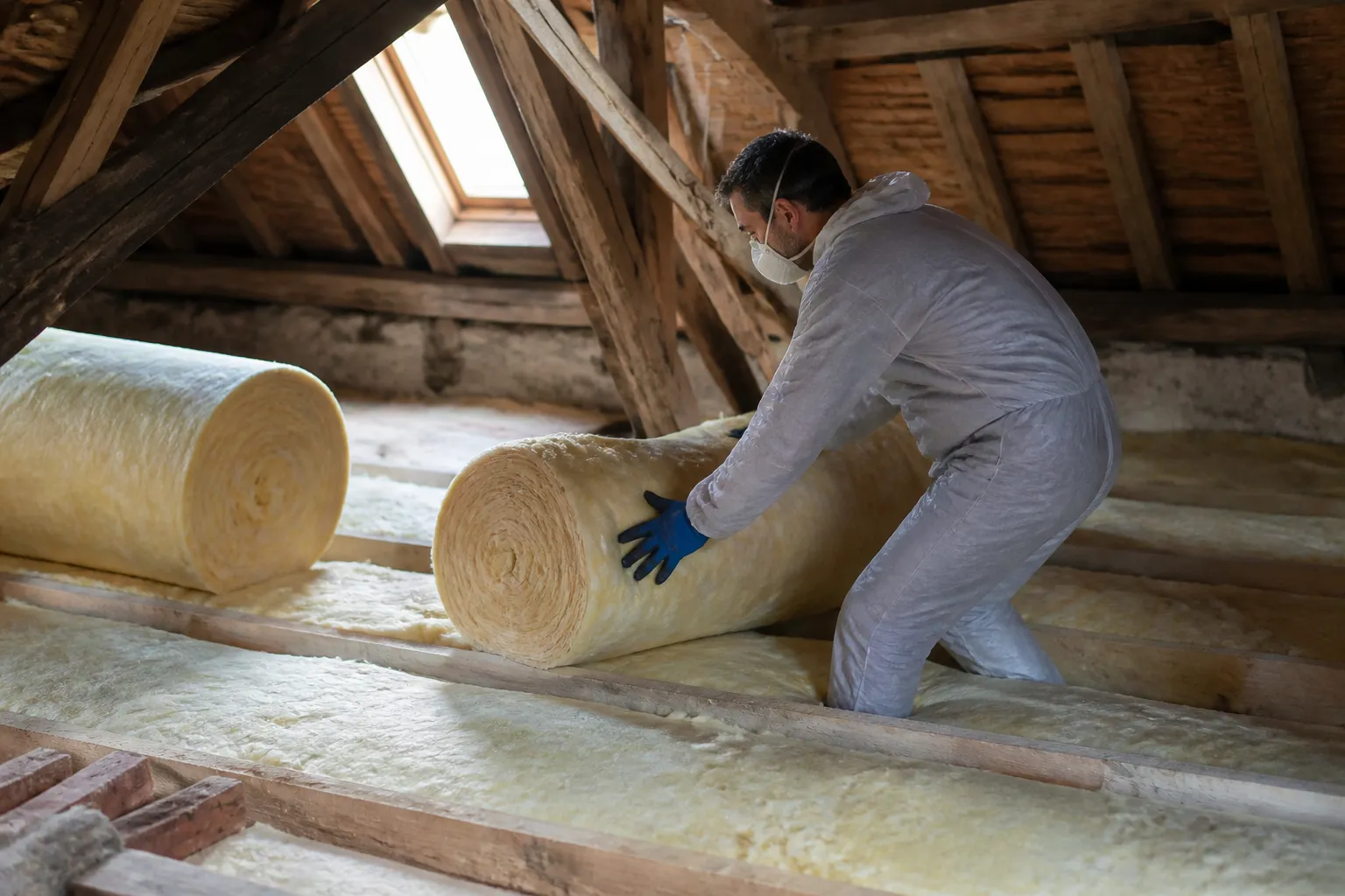Artisan posant de l’isolant dans des combles de maison ancienne