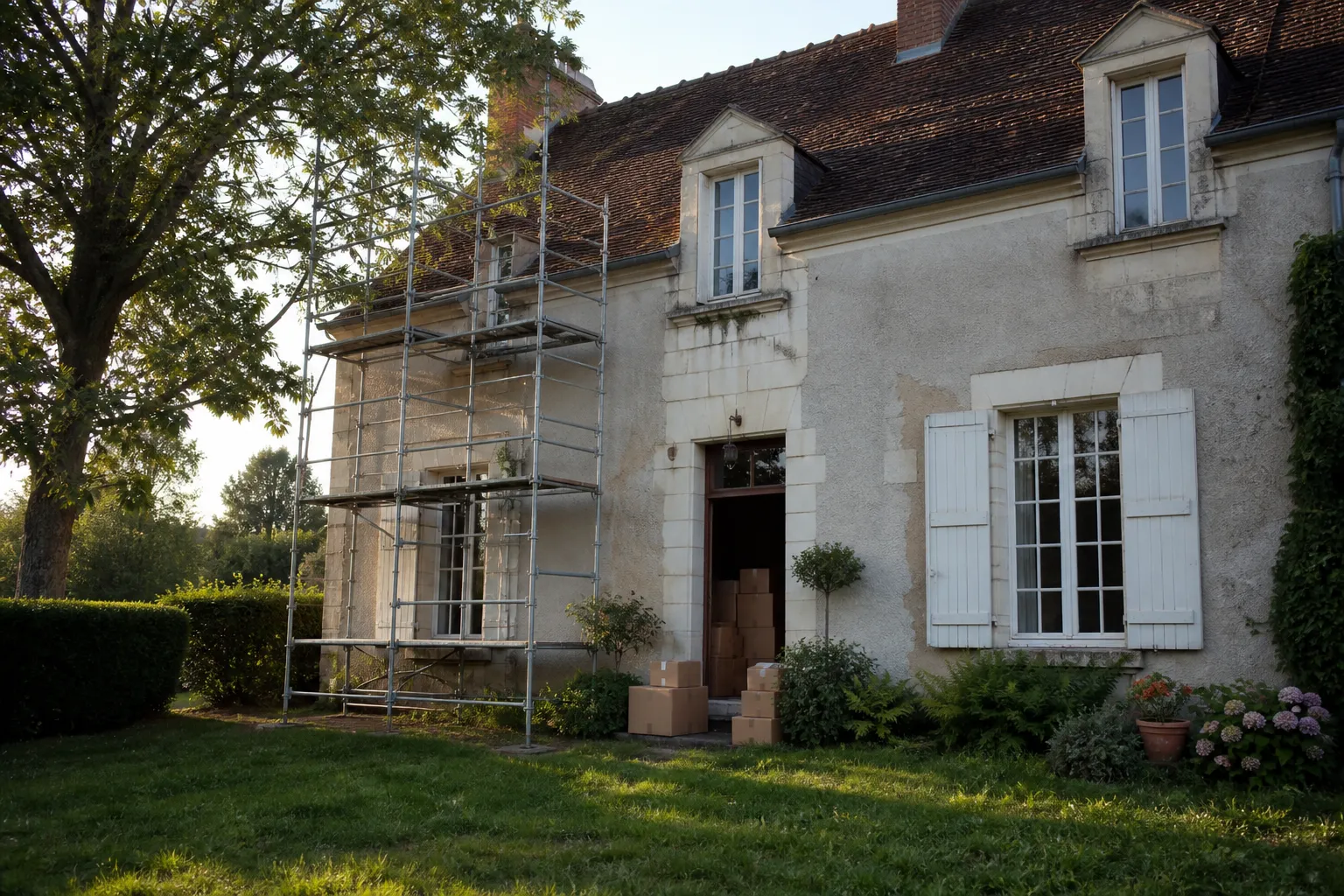 Maison ancienne en cours de travaux avec échafaudage sur la façade et cartons de déménagement