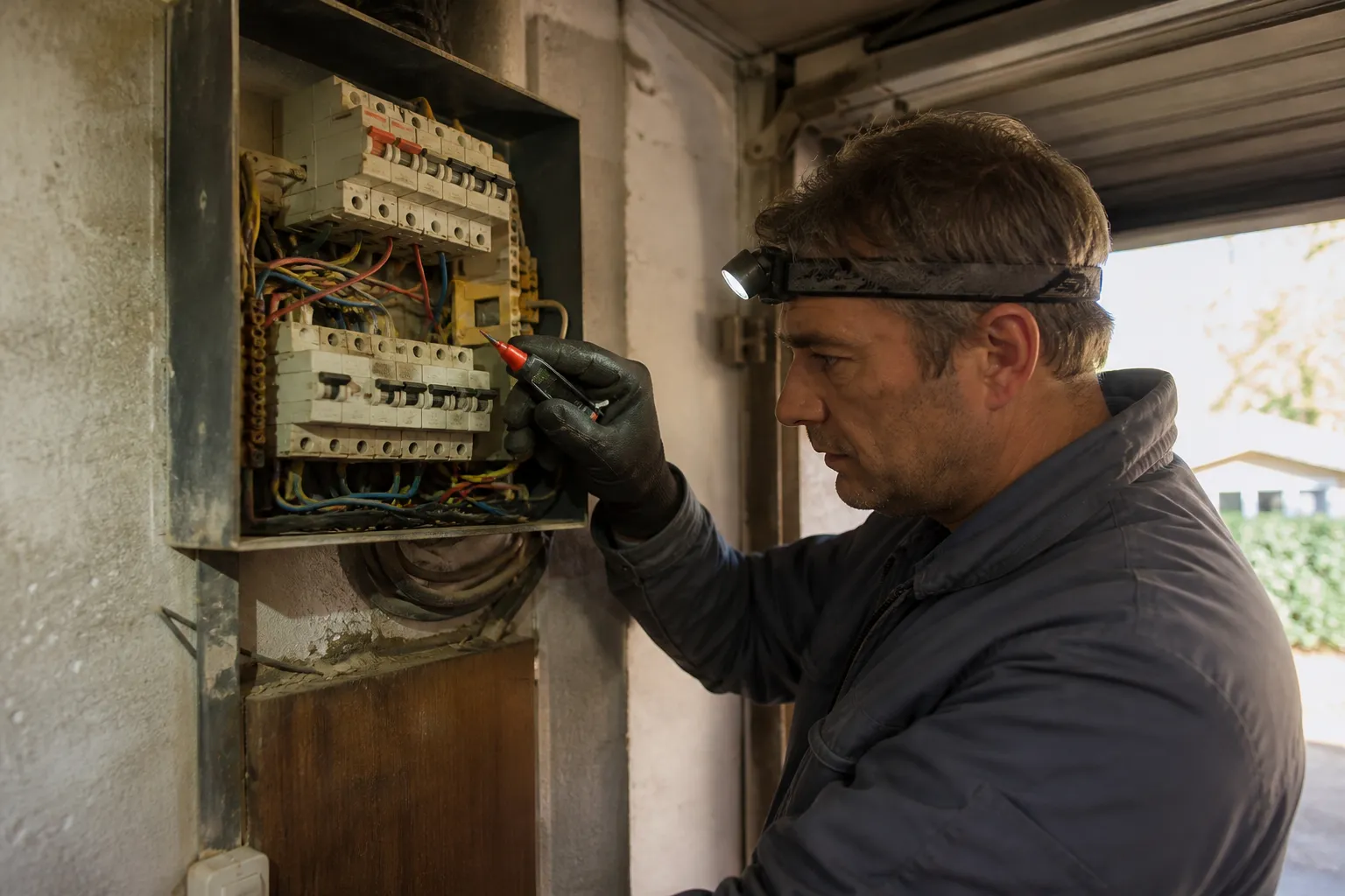 Électricien vérifiant un ancien tableau électrique dans une maison