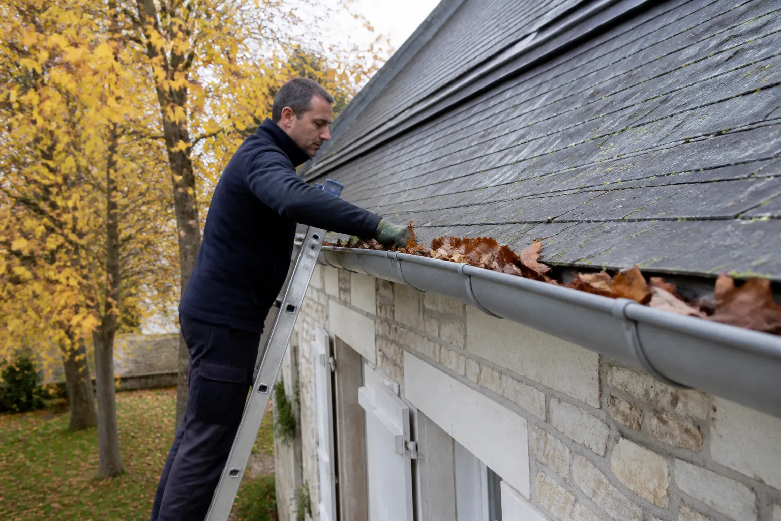 Propriétaire nettoyant une gouttière remplie de feuilles mortes depuis une échelle en automne
