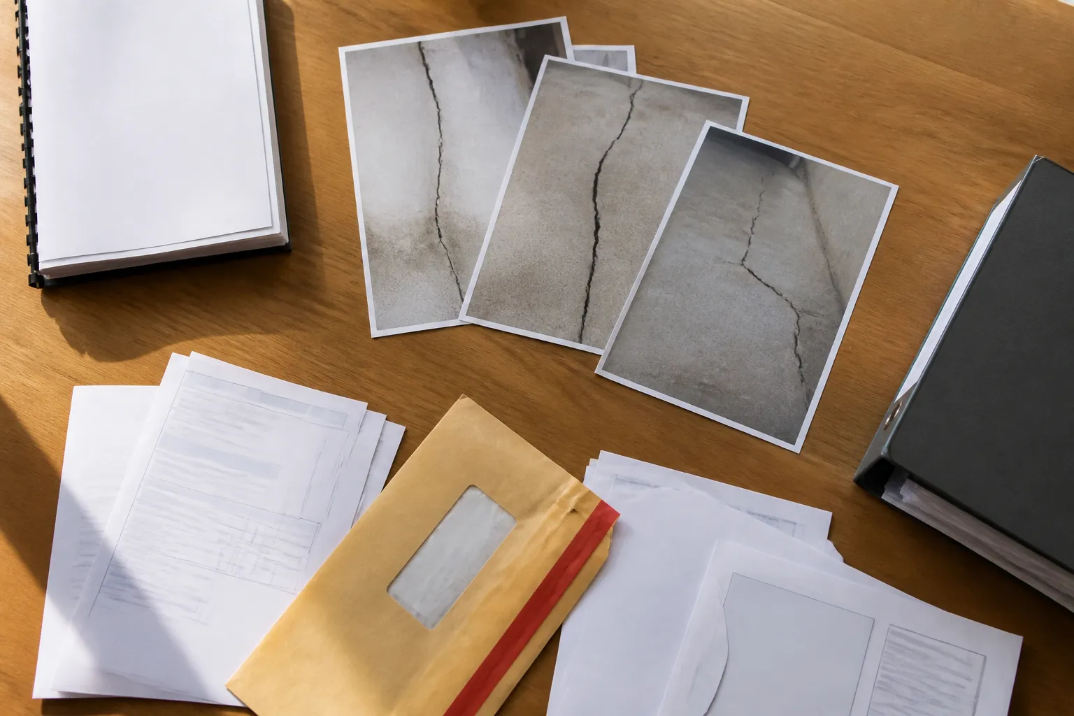 Dossier de preuves avec photos datées, rapport et courriers étalés sur une table