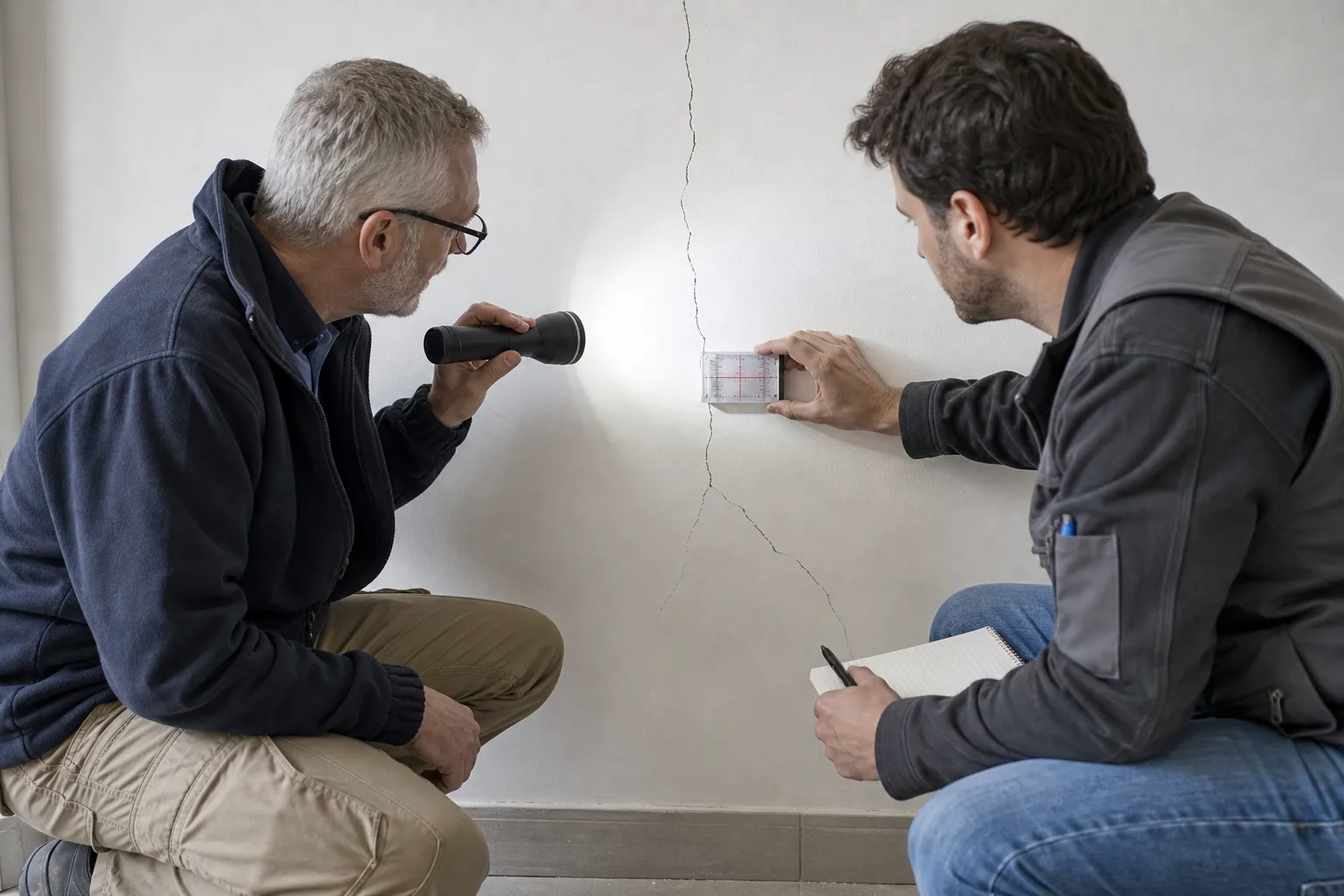 Deux experts en bâtiment examinant ensemble une fissure lors d’une réunion contradictoire