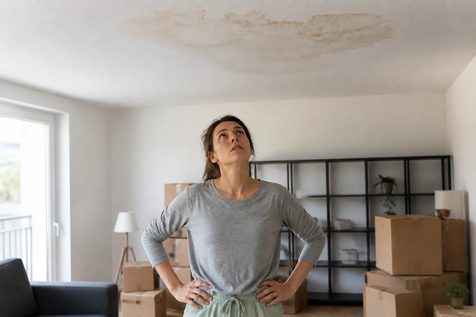 Propriétaire observant une tache d’humidité apparue au plafond d’une pièce récemment aménagée