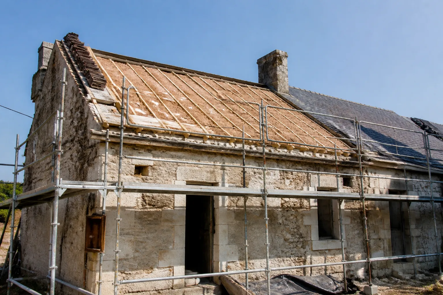 Maison ancienne en pierre en cours de rénovation énergétique avec isolant visible sous la toiture