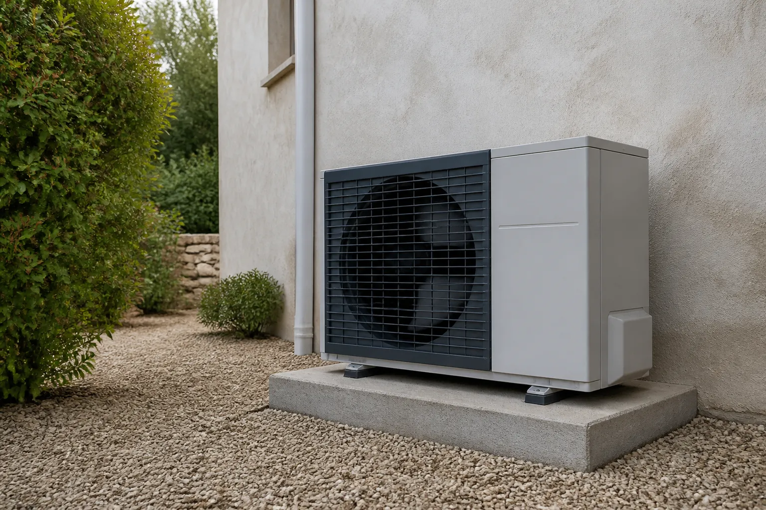 Pompe à chaleur installée au pied d’une façade de maison rénovée