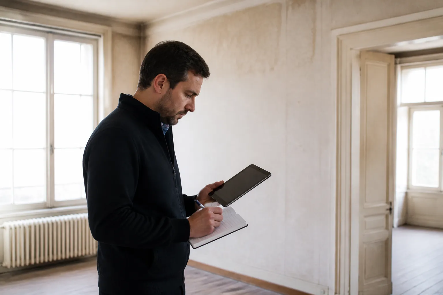 Acheteur remplissant une grille de comparaison sur une tablette pendant une visite