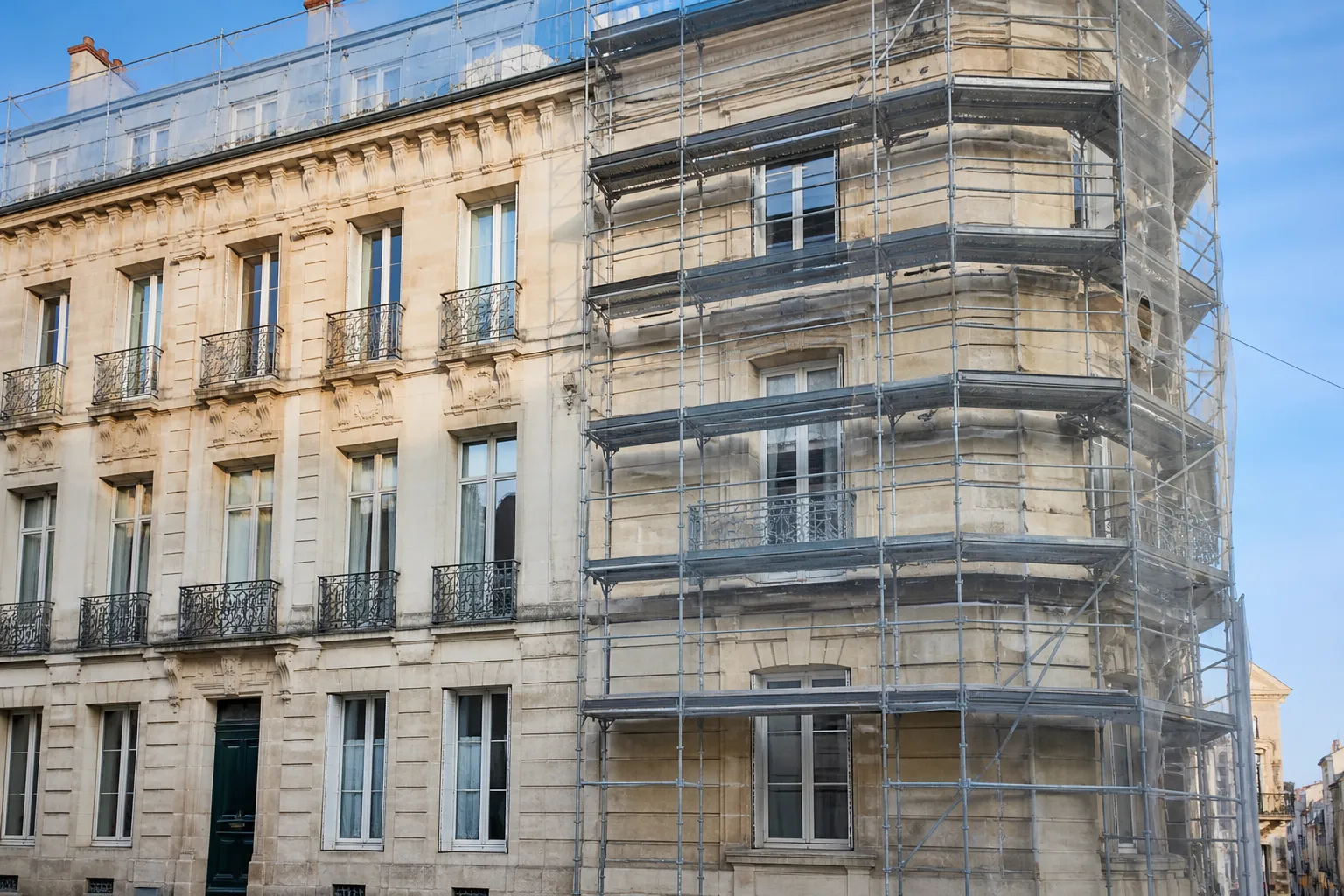 Façade d’un immeuble ancien en copropriété avec échafaudage partiel