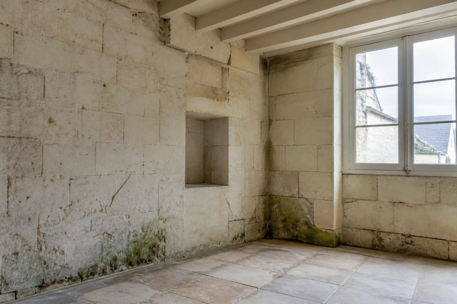 À l’intérieur : murs épais, inertie et humidité masquée